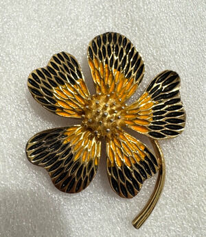 Vintage JJ Large Enamel Floral Brooch Textured Gold Black Yellow Pin Jonette